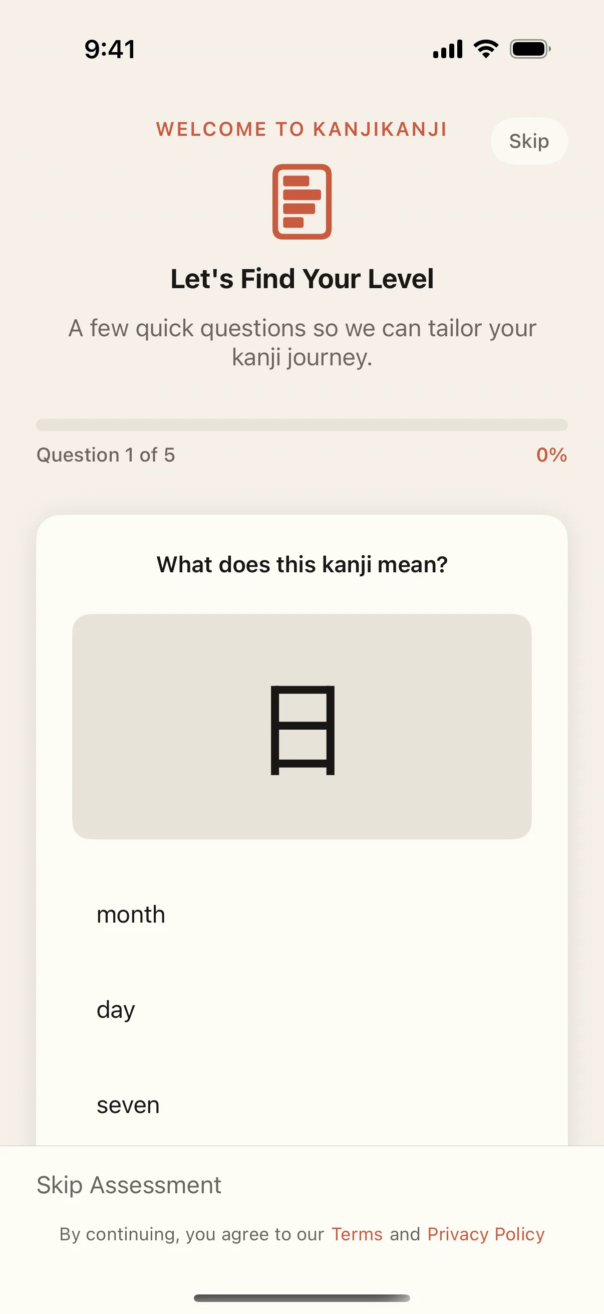 KanjiKanji Modern placement quiz — a multiple-choice question asking the meaning of the kanji 味, with answer choices squat, flavor, and spirit