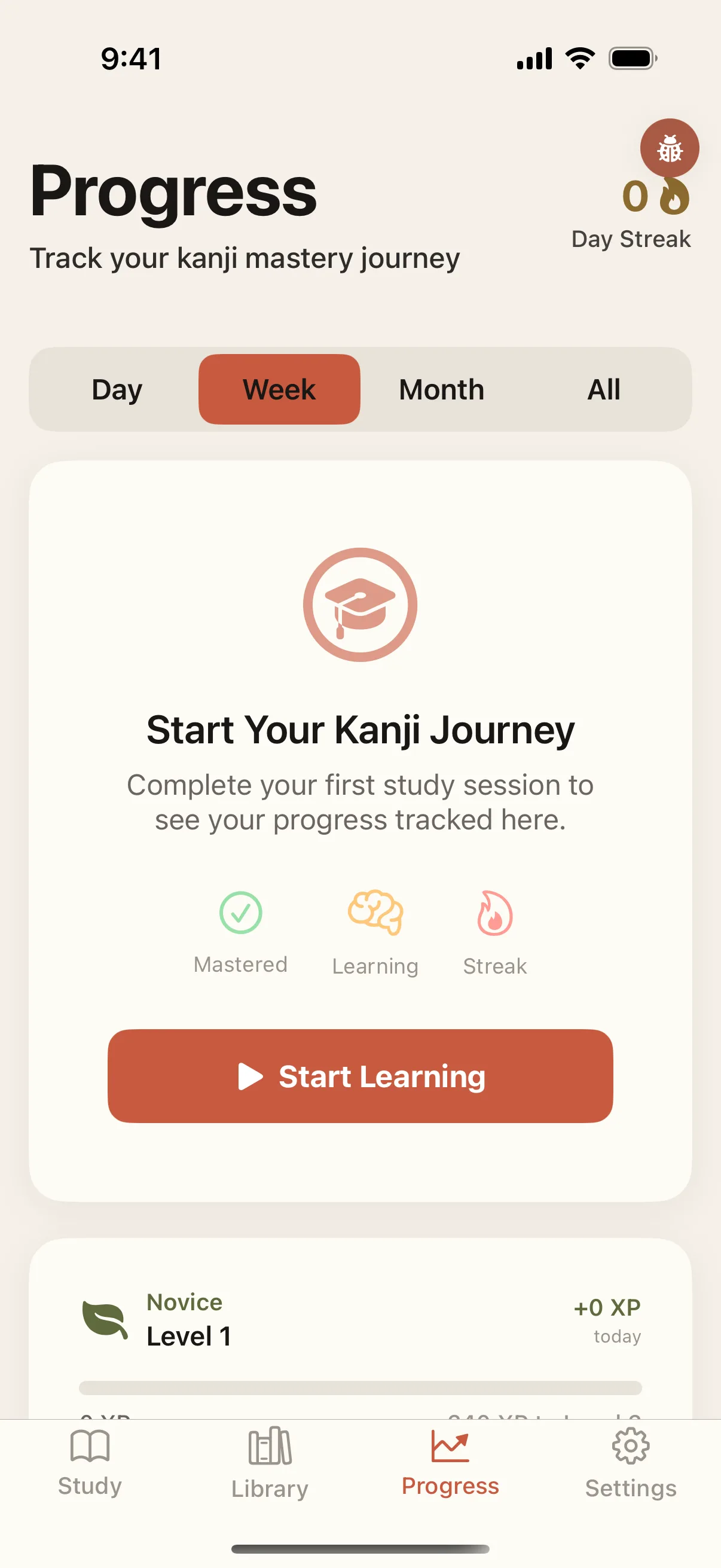 KanjiKanji Modern progress tab — daily/weekly/monthly streak, level, and XP toward next level
