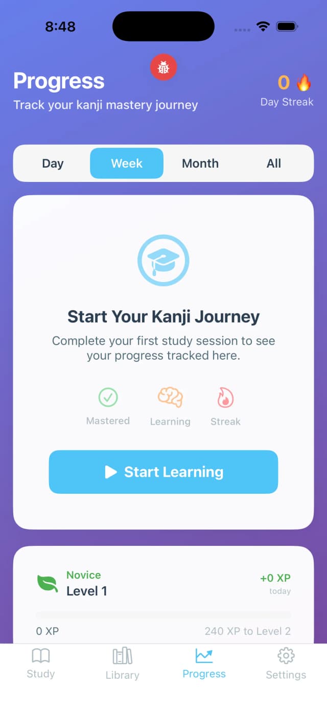 KanjiKanji Modern progress tab — daily/weekly/monthly streak, level, and XP toward next level
